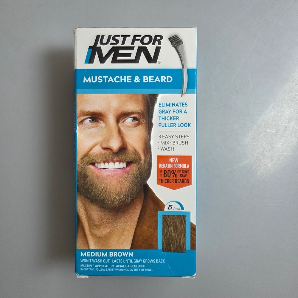 Just For Men Mustache & Beard Medium Brown Facial Hair Color Kit Keratin Formula